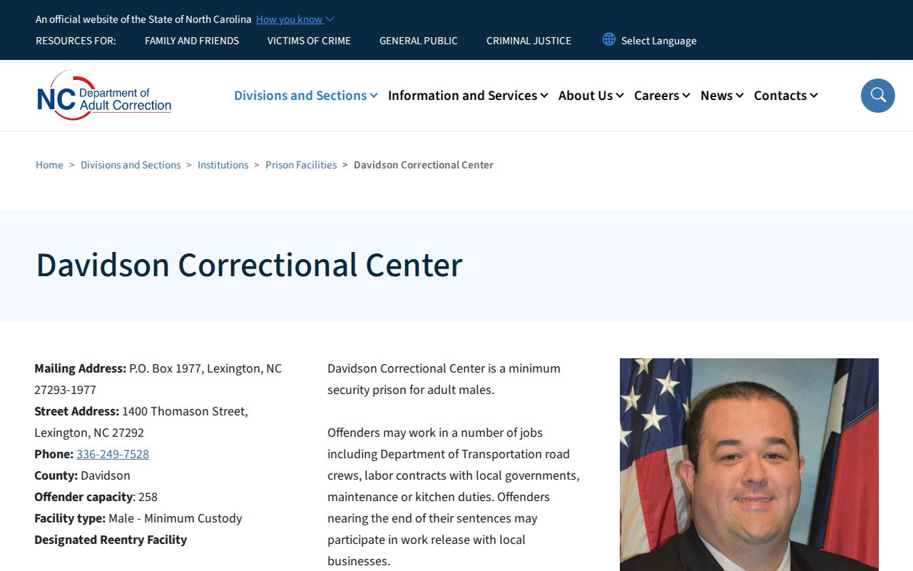 NCDAC official Davidson Correctional Center facility page and reentry role