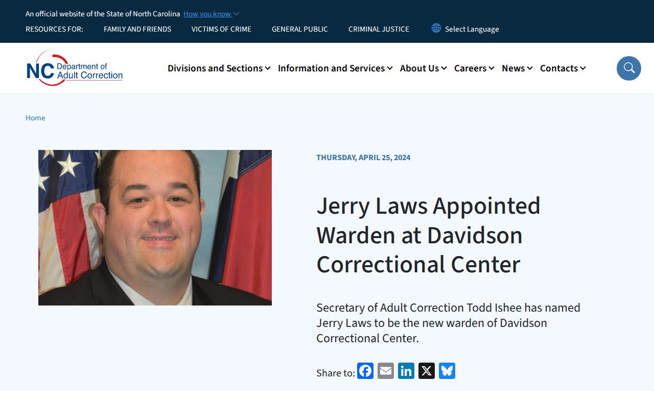 NCDAC announcement describing Davidson Correctional Center capacity and near-release population