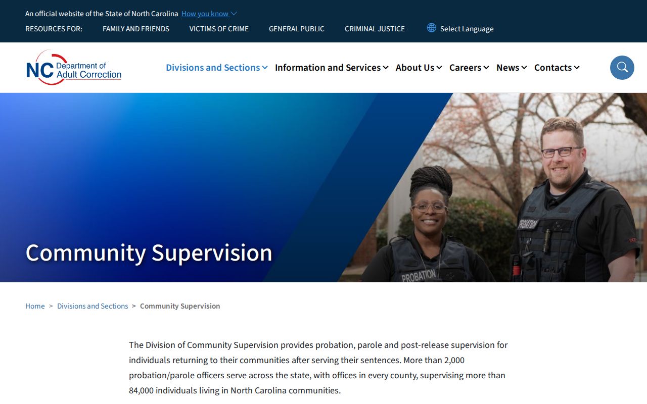 NCDAC Community Supervision page describing probation, parole, and post-release supervision