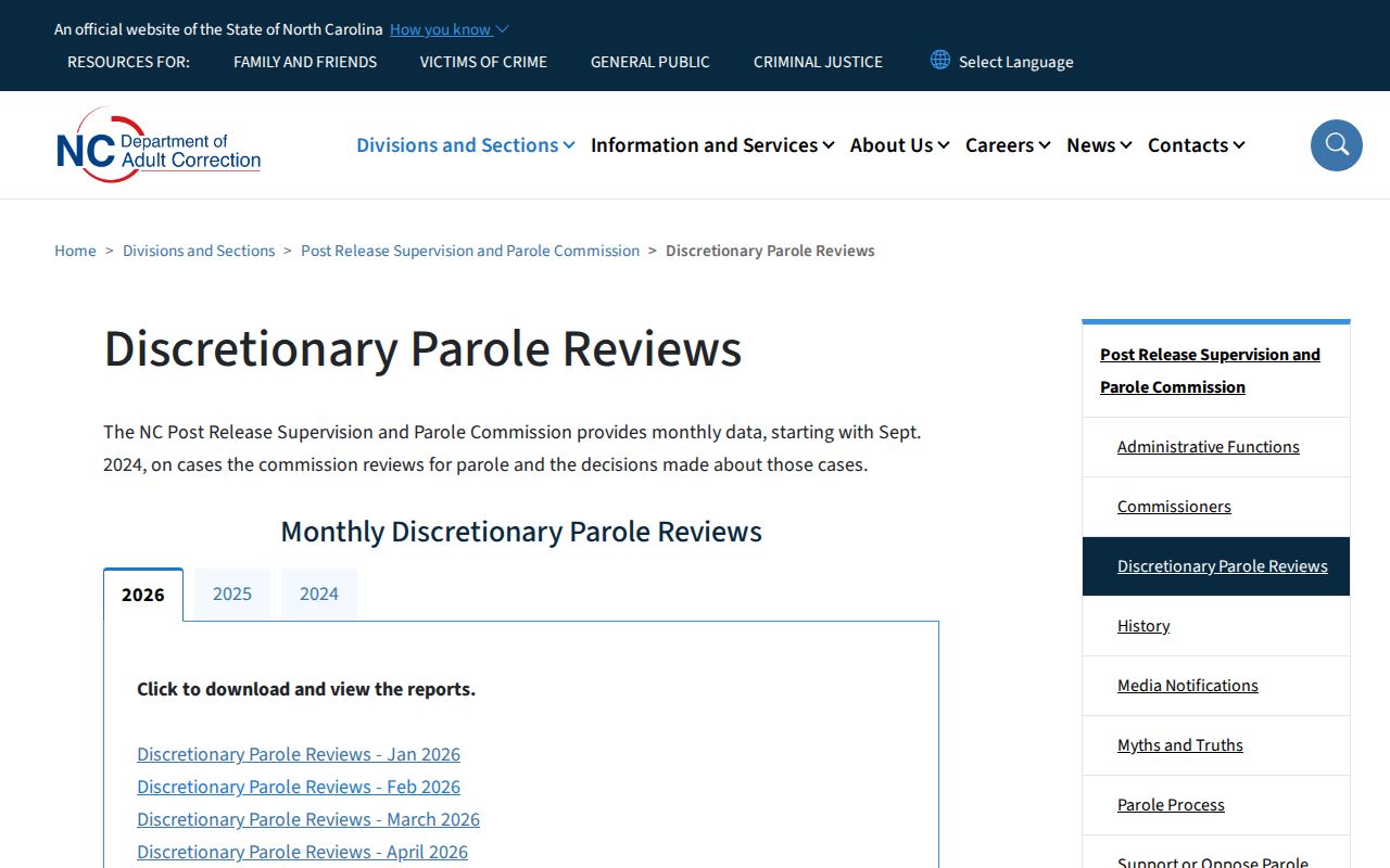 North Carolina monthly Discretionary Parole Reviews index