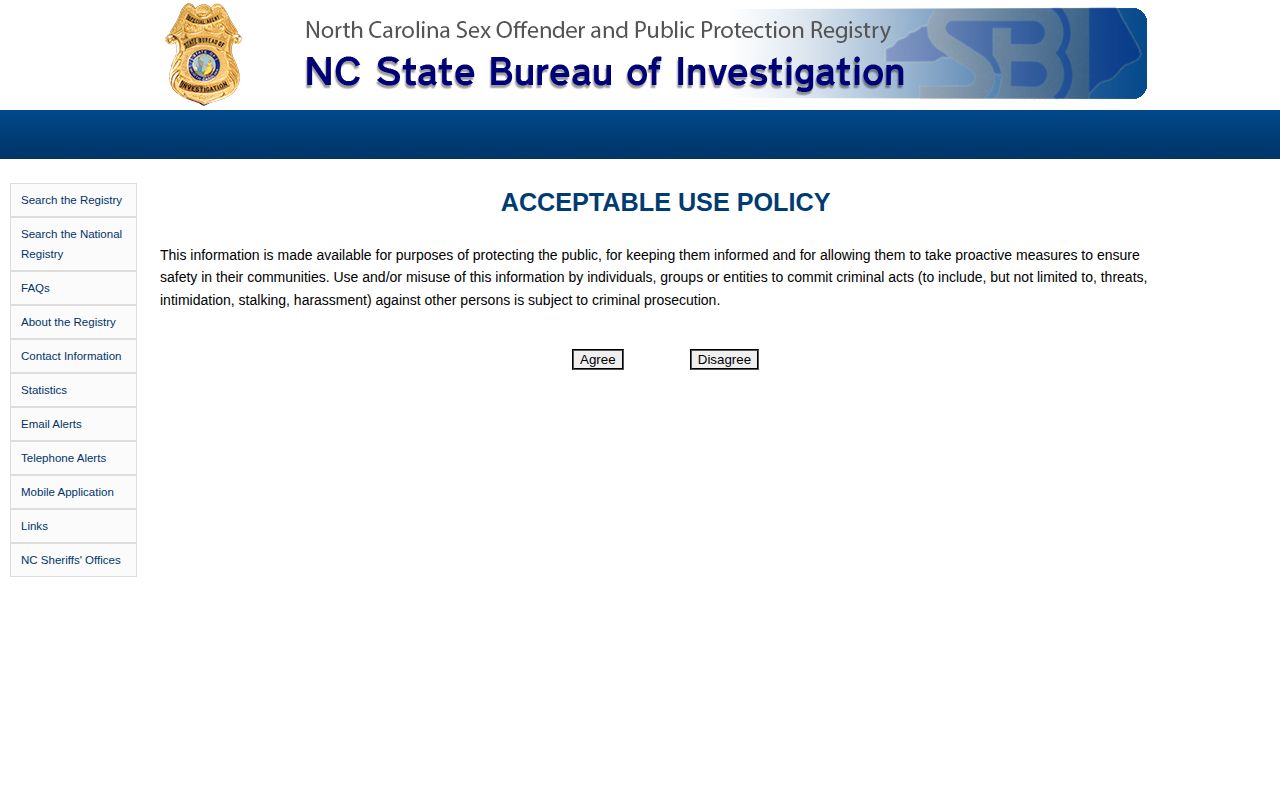 North Carolina SBI registry official search routes and limitations
