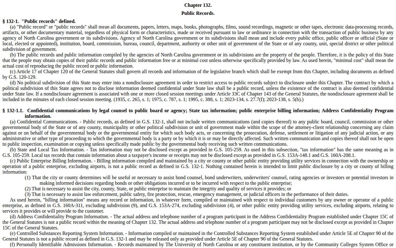 North Carolina Chapter 132 public-record law governing photographs and agency records